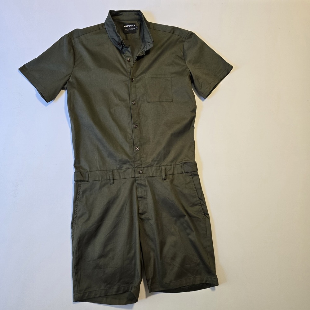 Romper Jack Short Sleeve Button Down Pockets Collared Olive Green Sz M Jumpsuit